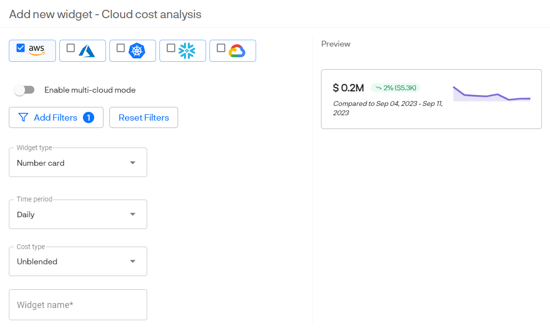 Widget cloud cost analysis